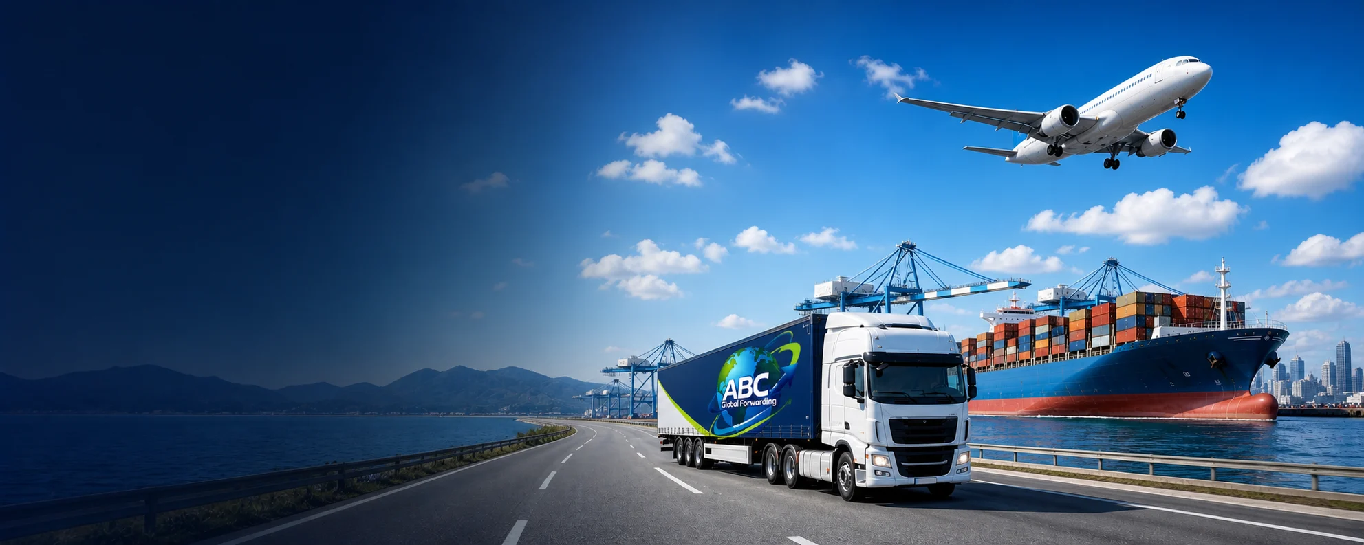 Pełniej widoczna ciężarówka z brandingiem ABC Global Forwarding na naczepie, kontenerowiec i samolot w transporcie międzynarodowym