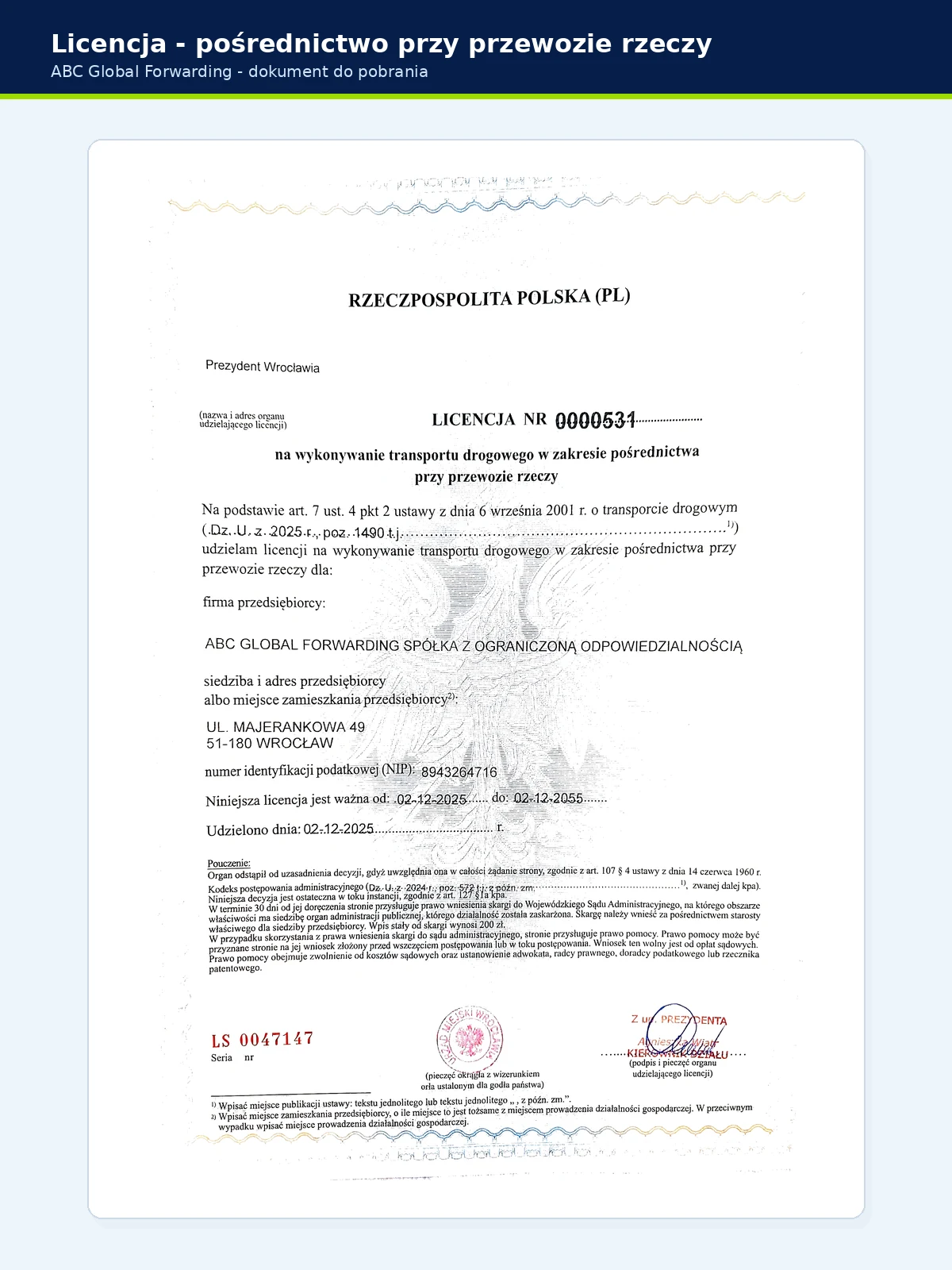Miniatura dokumentu Licencja na pośrednictwo przy przewozie rzeczy ABC Global Forwarding