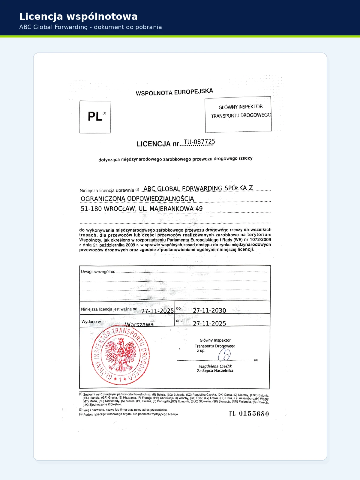 Miniatura dokumentu Licencja wspólnotowa ABC Global Forwarding
