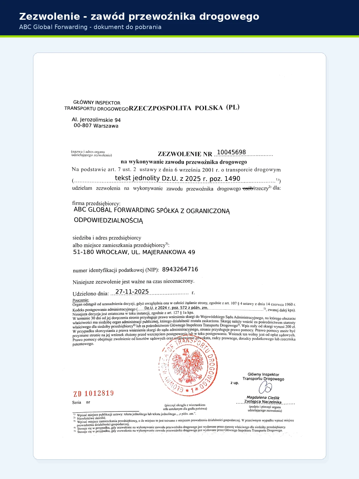 Miniatura dokumentu Zezwolenie na wykonywanie zawodu przewoźnika drogowego ABC Global Forwarding
